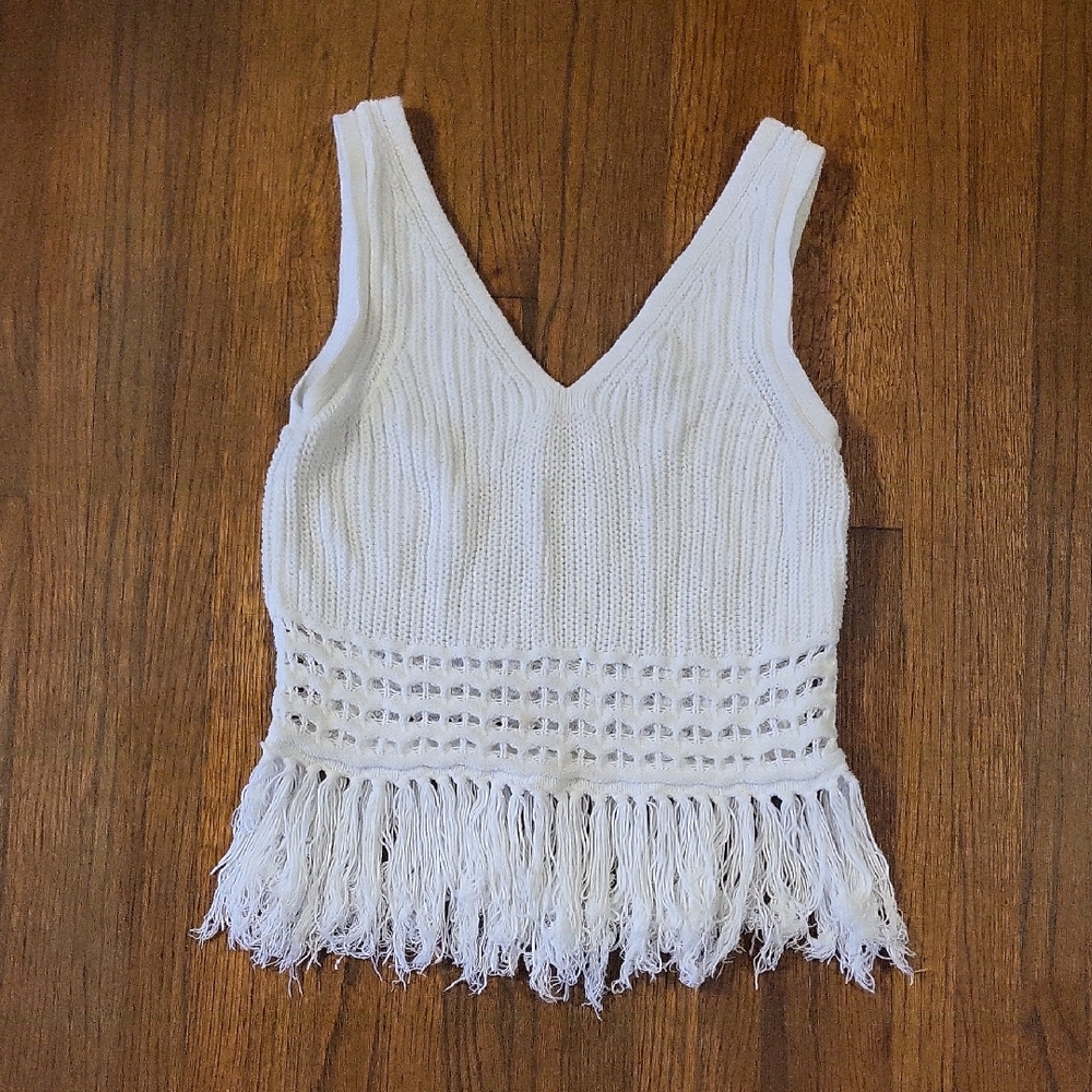 Club Monaco White Knit Tank with Fringe